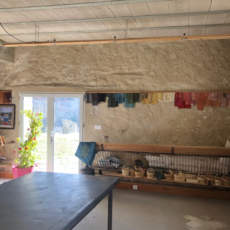 Inside the studio, with baskets ready for gathering dye plants
